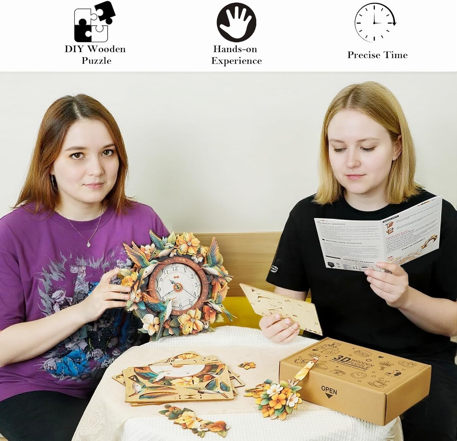 3D Wooden Hummingbird Puzzle Clock DIY Kit with Swinging Pendulum 286x65x374mm