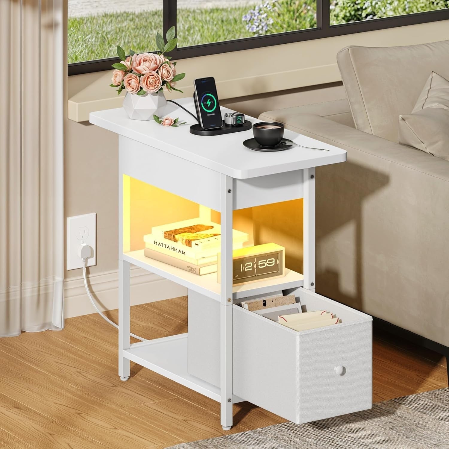 Set of 2 Smart LED Bedside Tables with USB Charging | Slim White Nightstands
