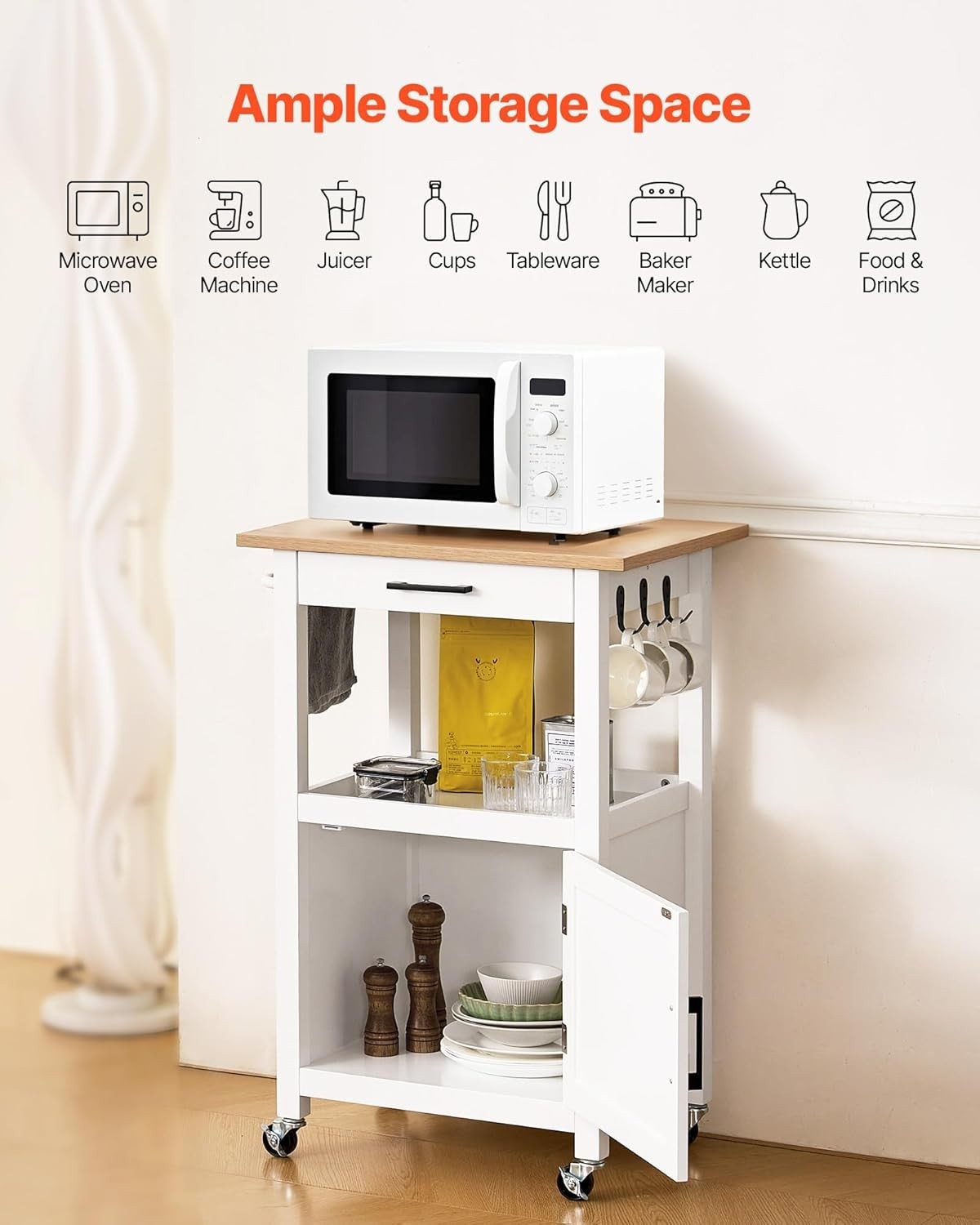 Rolling Kitchen Island Cart with Drawer, Cabinet, Wheels – 59x45cm White