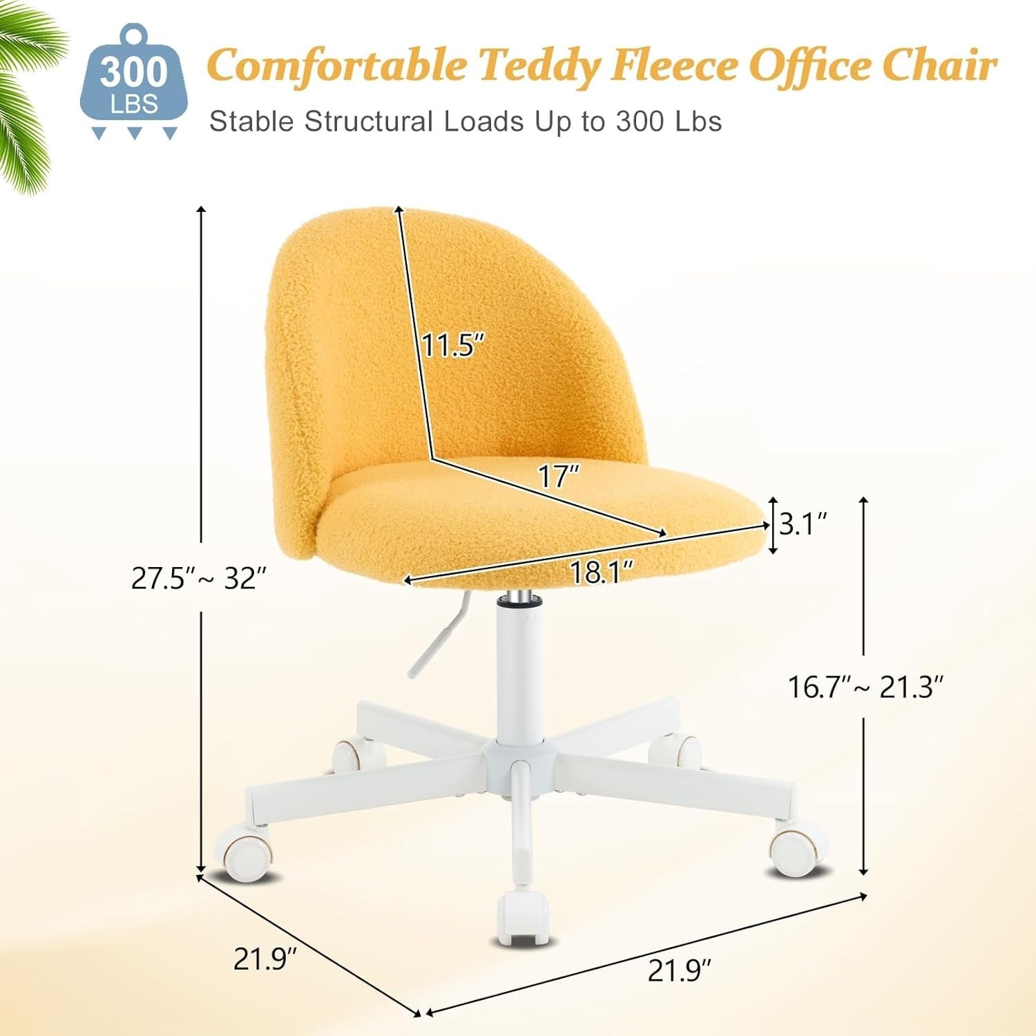 Cute Teddy Fleece Swivel Desk Chair – Adjustable Comfy Small Office Chair Yellow