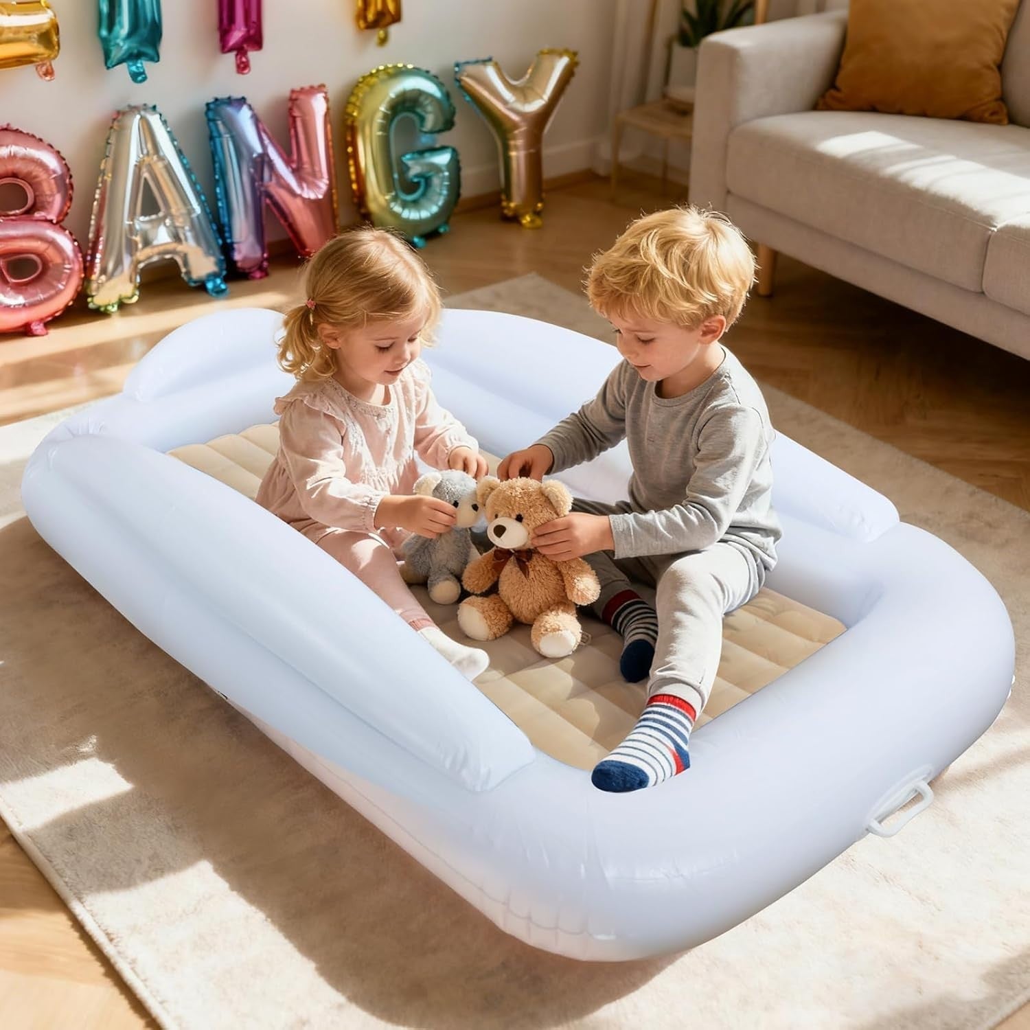 Inflatable Toddler Travel Bed with 4-Sided Safety Bumpers, 63" Portable