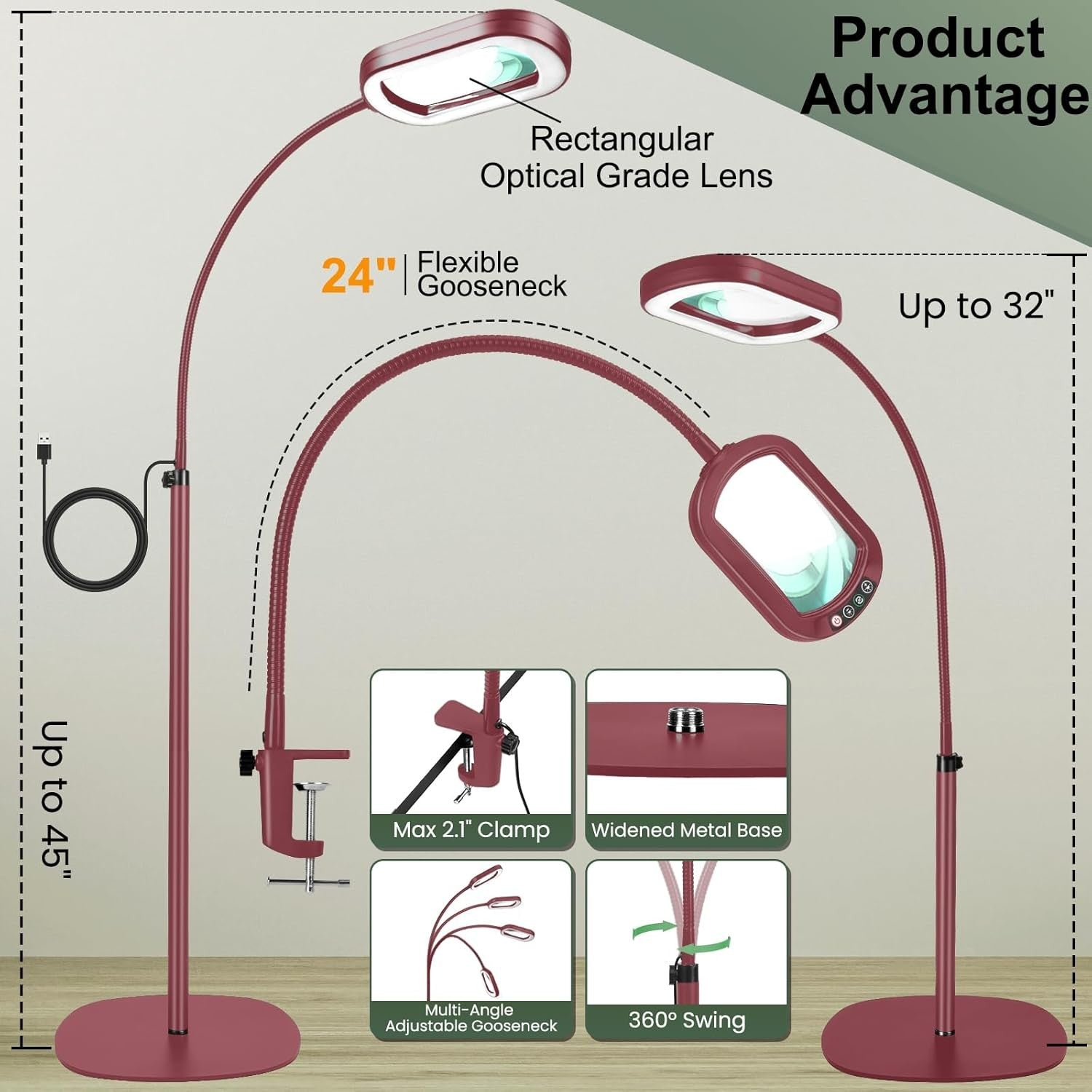 10X LED Magnifying Floor Lamp Hands Free Dimmable Light Adjustable Stand