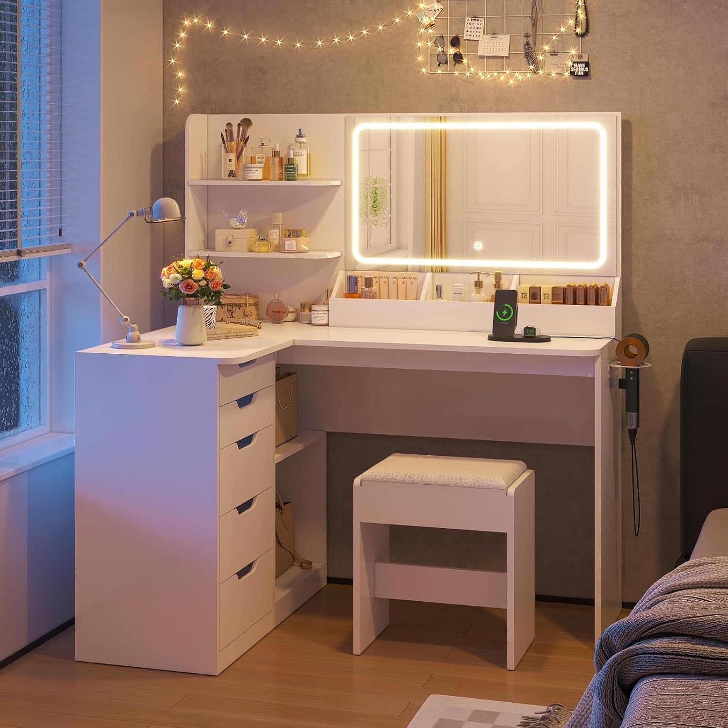 Makeup Vanity Desk Corner L-Shaped Table 5 Drawers LED Light Mirror Modern