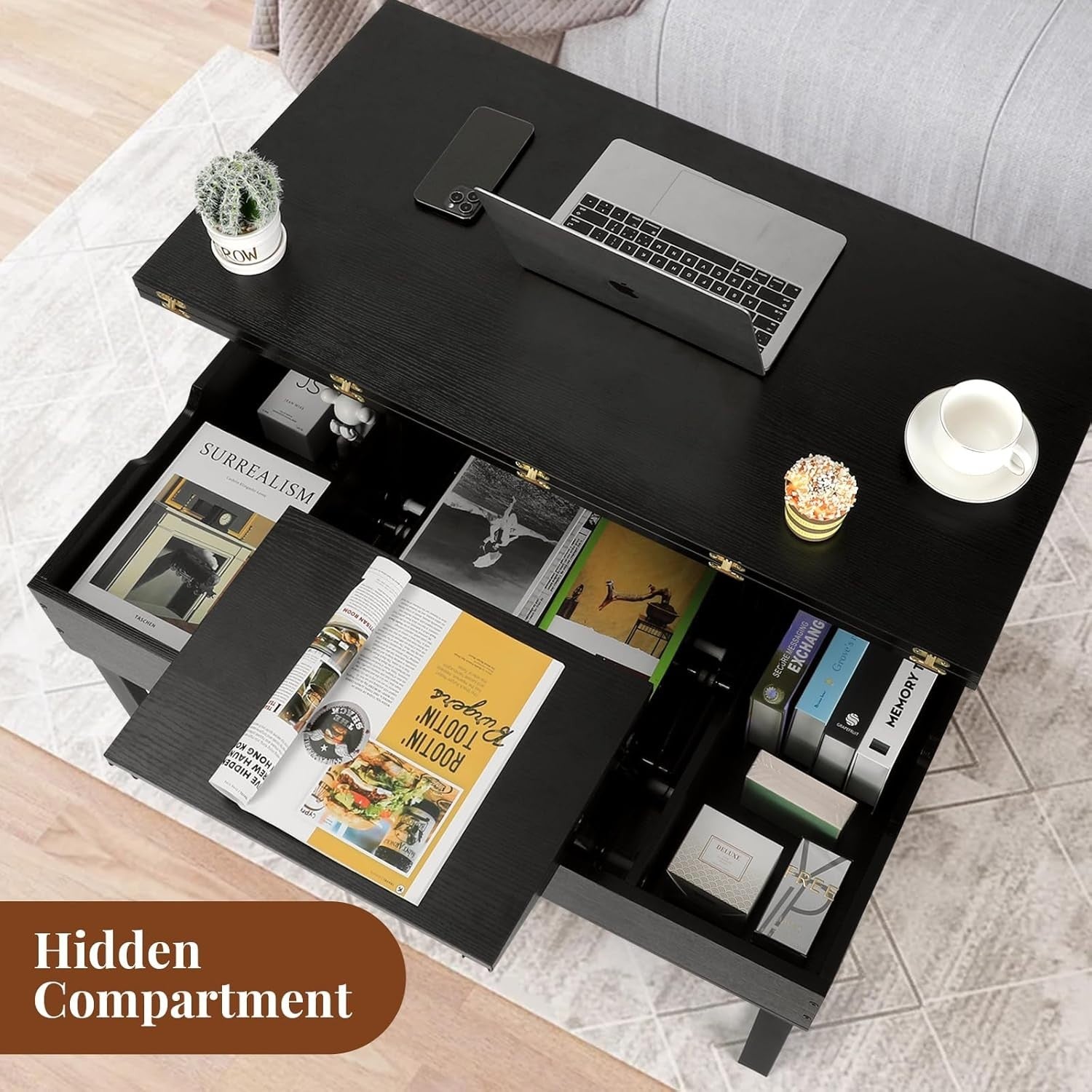 Lift Top Coffee Table with Hidden Storage 3-in-1 Convertible Black 100x50x50cm