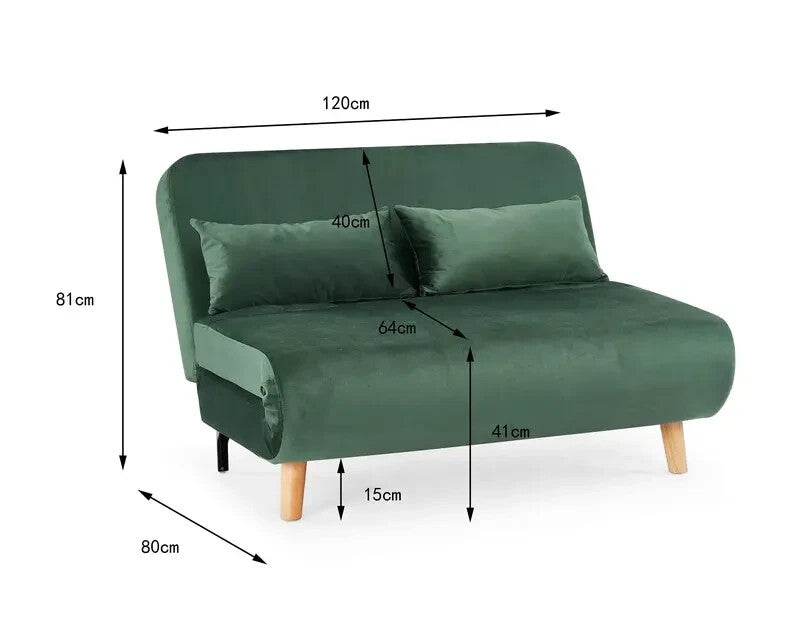 Green Velvet Double Sofa Bed Futon 2 Seater Clic Clac Guest Sleeper