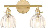 2-Light Clear Glass Wall Sconce Vanity Light Brass Fixture for Bathroom