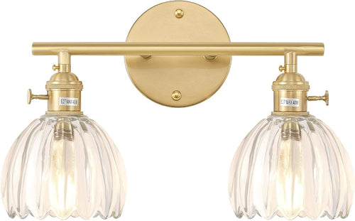 2-Light Clear Glass Wall Sconce Vanity Light Brass Fixture for Bathroom