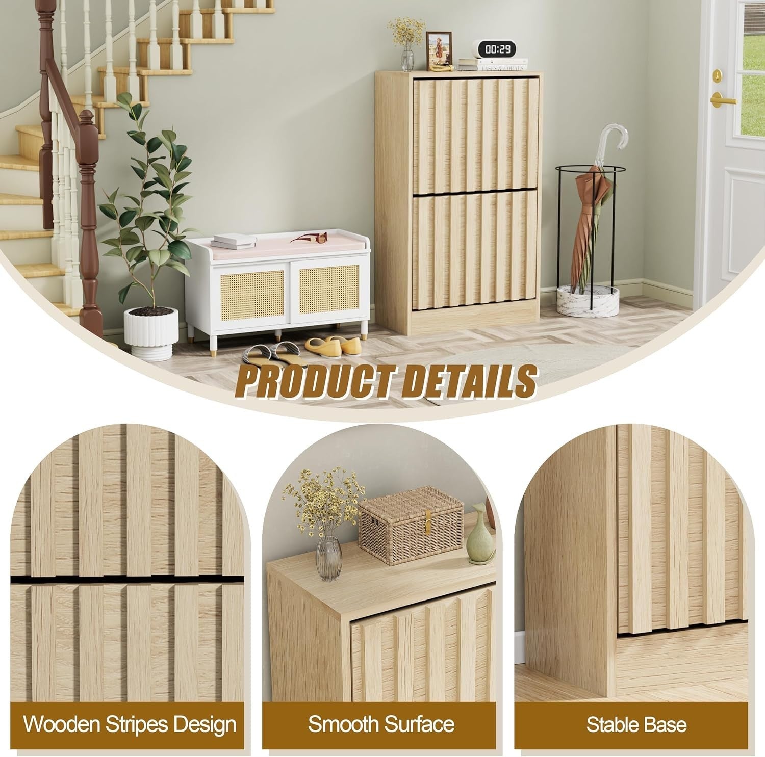 Slim Wooden Shoe Storage Cabinet 2 Flip Drawers Ventilated Modern Unit