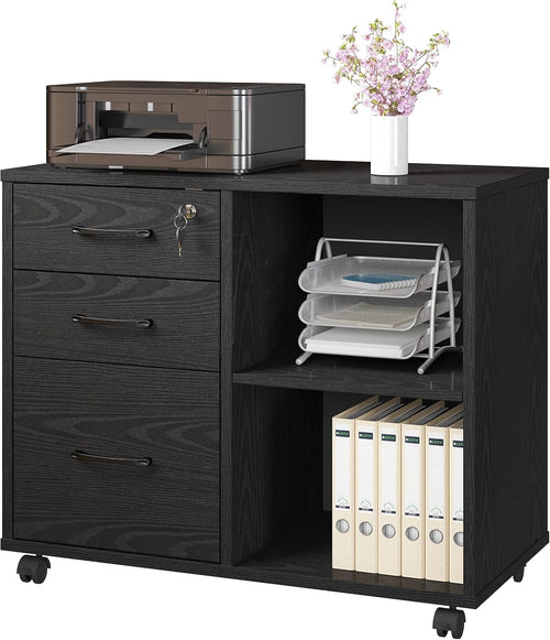 Black Mobile File Cabinet 3 Drawer Lockable Printer Stand w/ Open Shelves