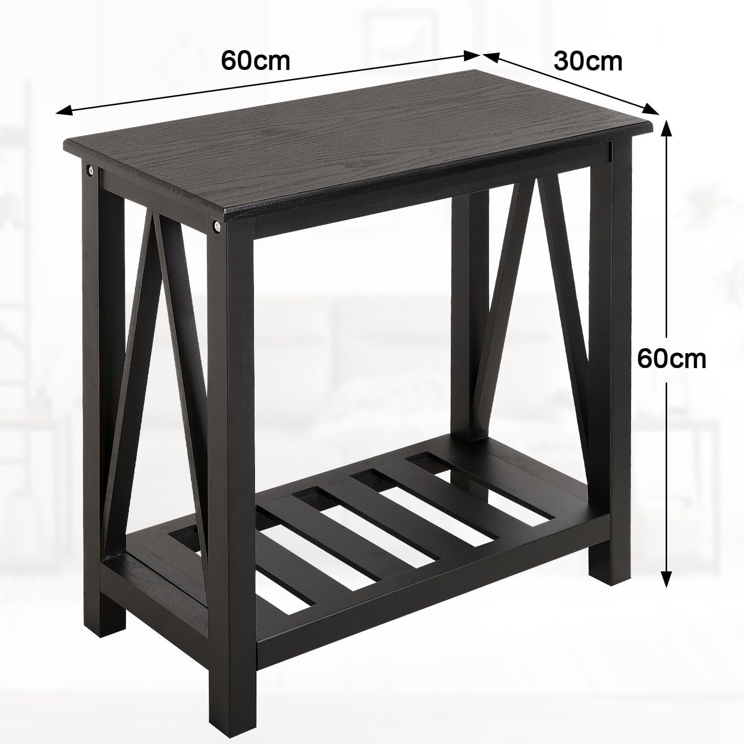 Narrow Black Wood Side Table with Storage Shelf, Modern Nightstand