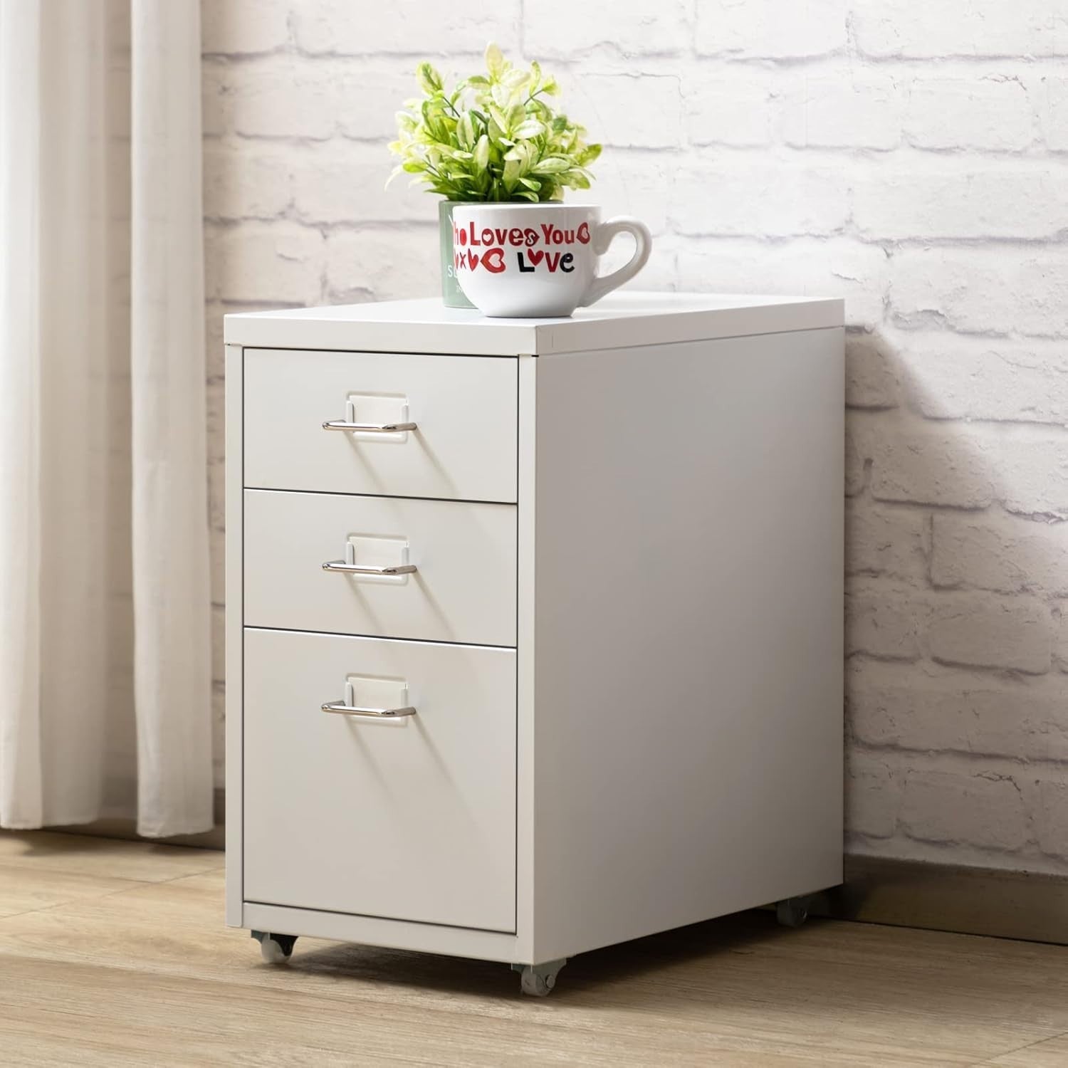 Compact White Metal Rolling File Cabinet 3 Drawer Under Desk Storage