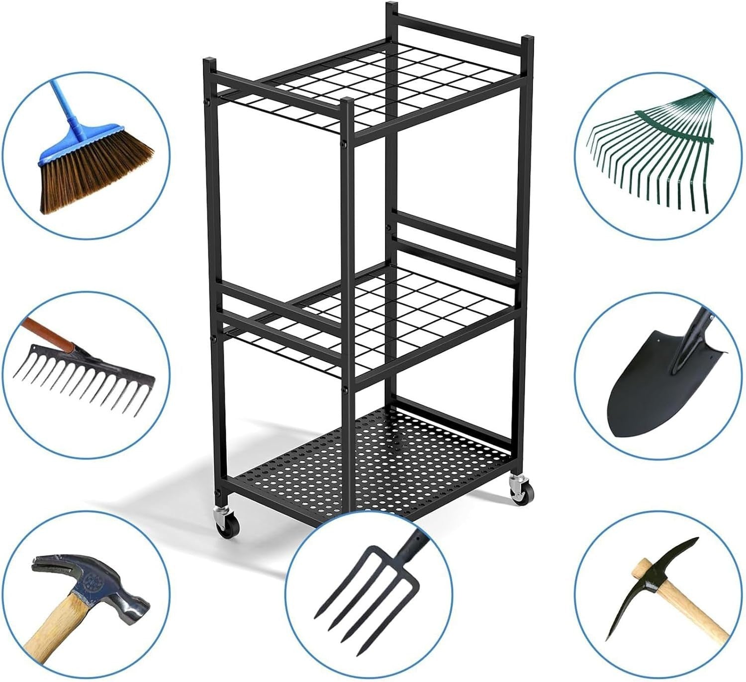Black Metal Garden Tool Organizer 35 Slots 3 Shelves Wheels Rack