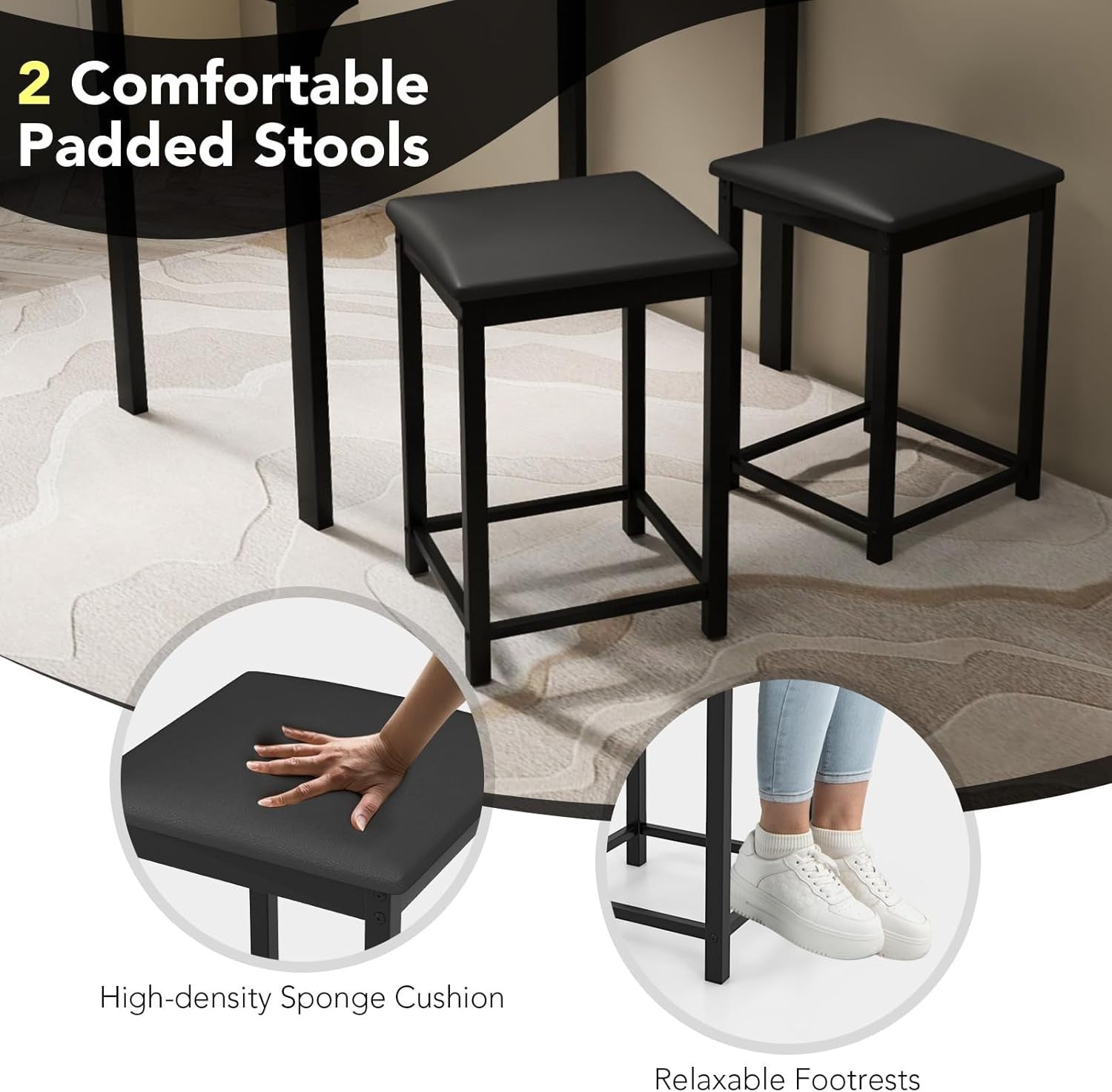 3 Piece Bar Table Set with Stools Marble Effect Top Counter Height Cream White