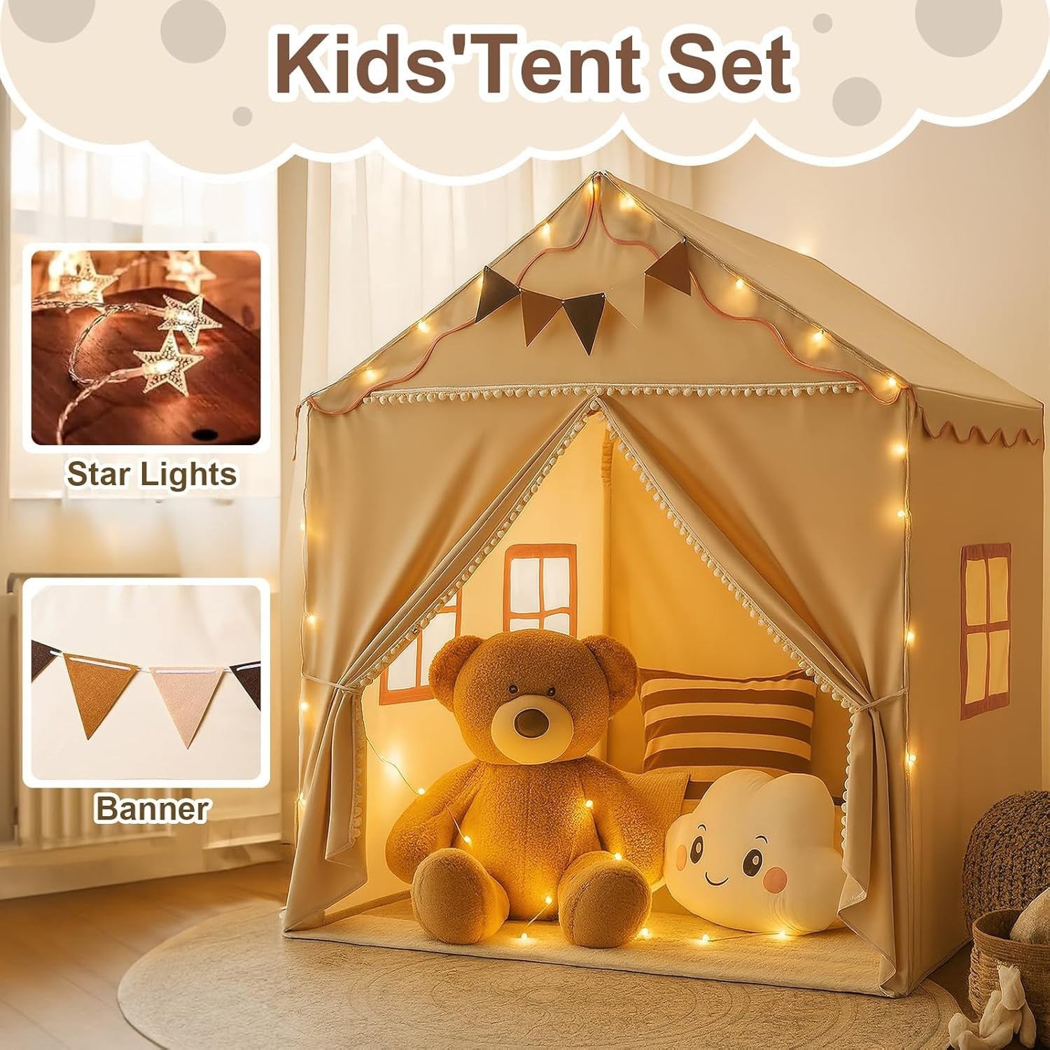 Large Kids Play Tent Indoor Outdoor w Mat Light 2 Doors 4 Windows
