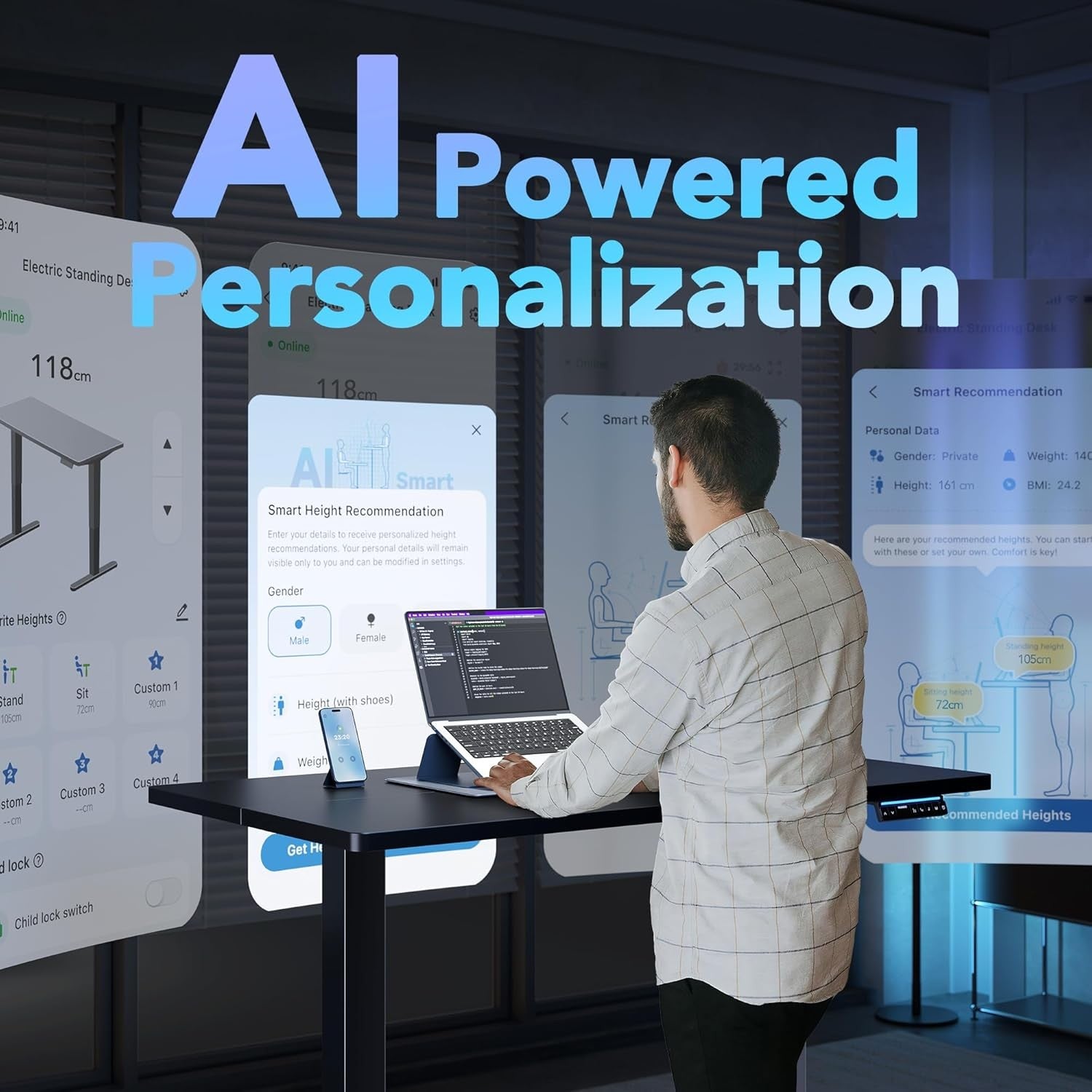 AI Electric Standing Desk Height Adjustable Sit Stand Smart App Control 80x48cm