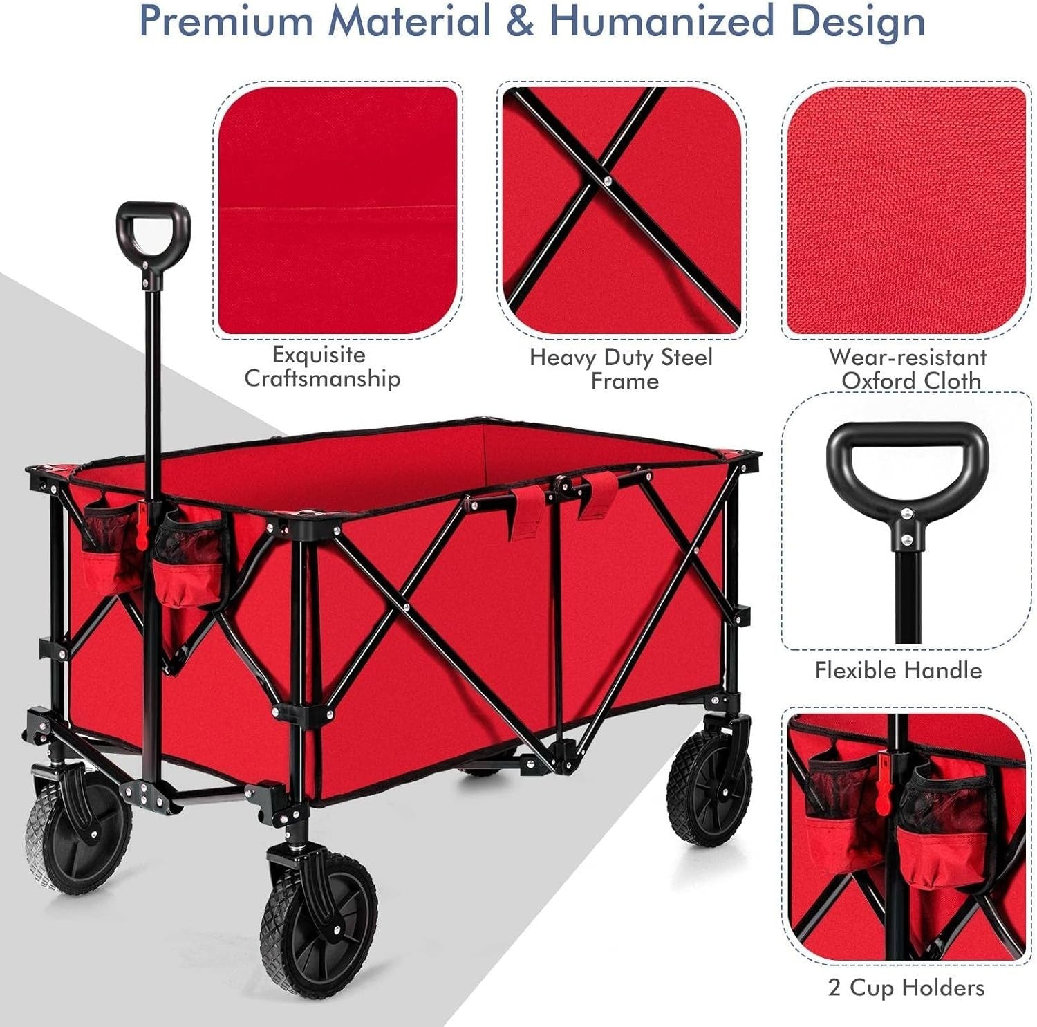 Folding Camping Wagon 87x50x38cm Heavy Duty Garden Cart Cup Holders Red