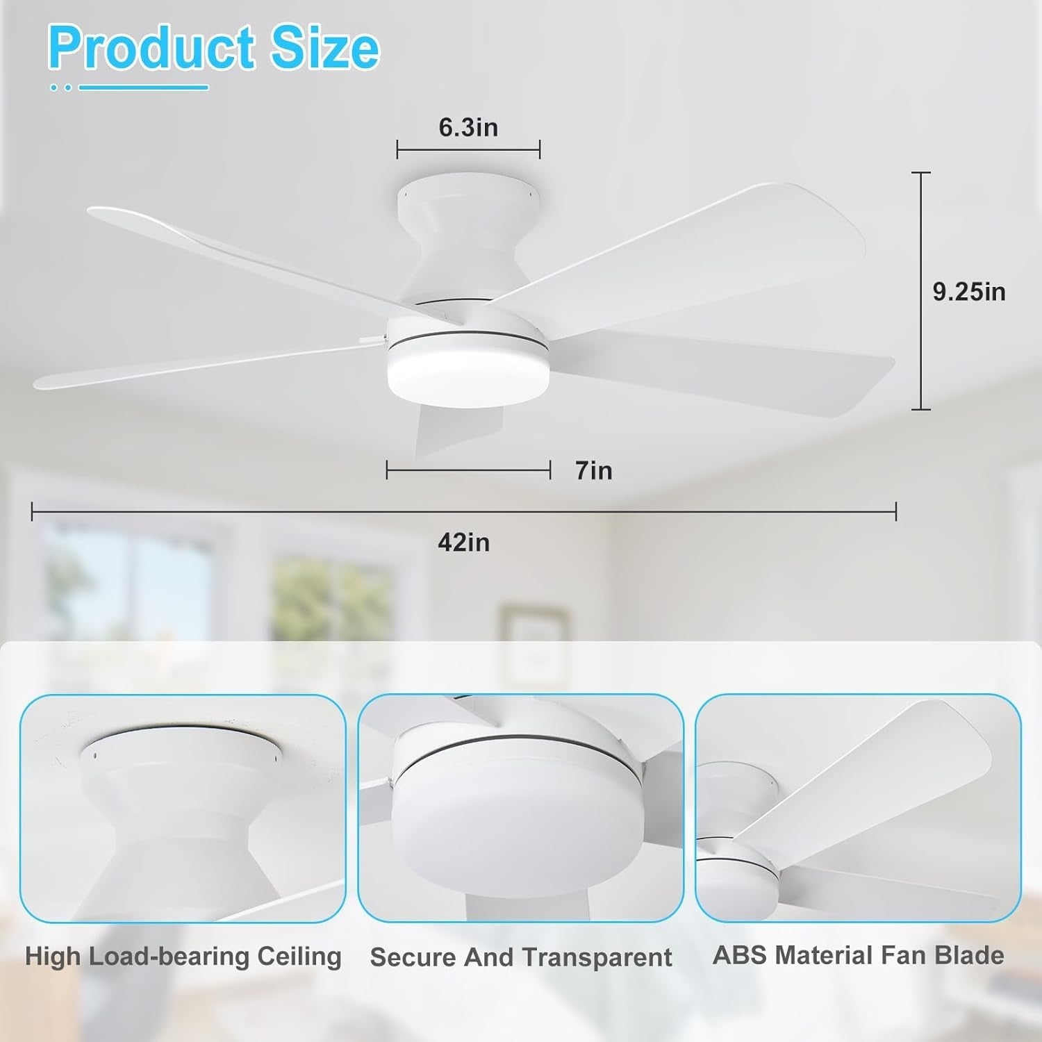 42" White Ceiling Fan, 5 Blades, 6 Speeds, LED Light, Remote