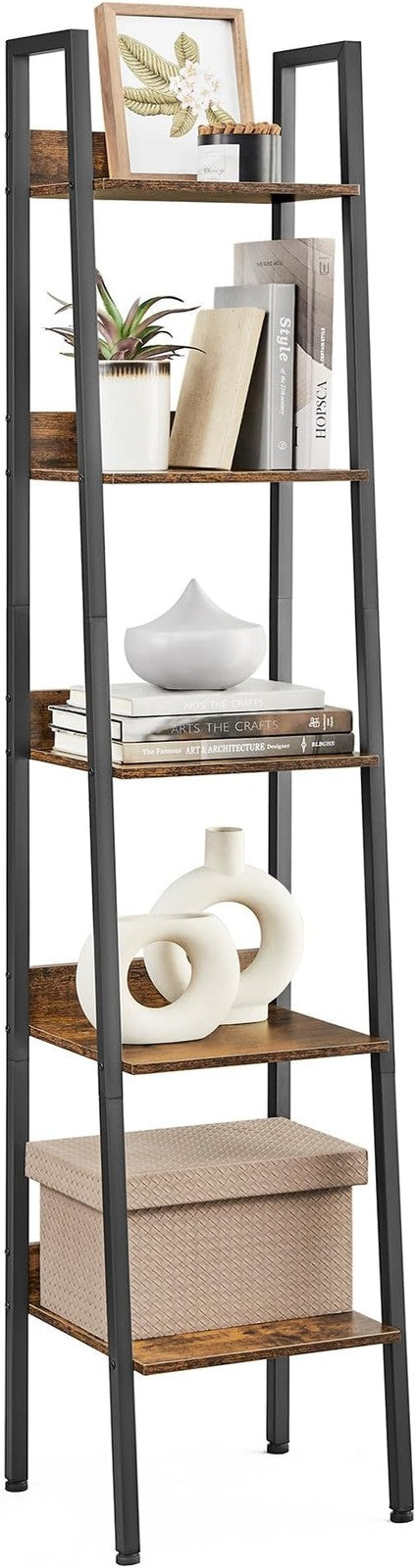 5-Tier Narrow Ladder Shelf Rustic Brown Industrial Tall Bookcase Storage Unit