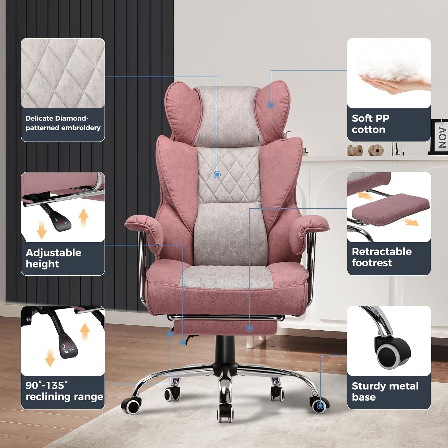 Pink Gaming Chair Ergonomic Adjustable Reclining PC Office Desk Chair