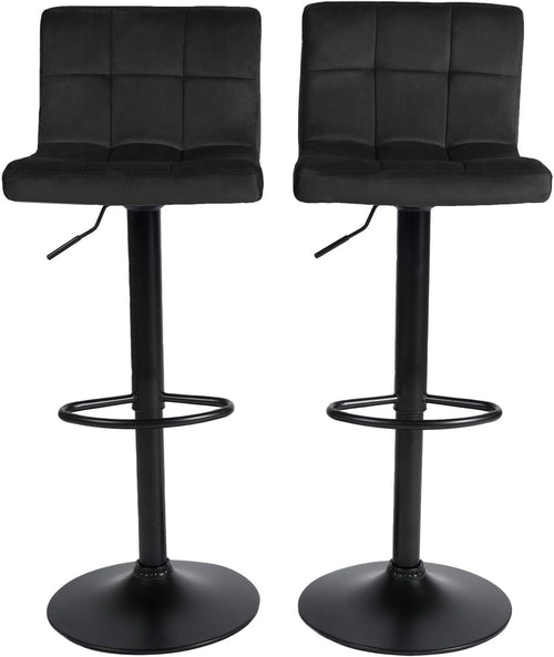 Set of 2 Adjustable Black Velvet Bar Stools with Swivel & Footrest