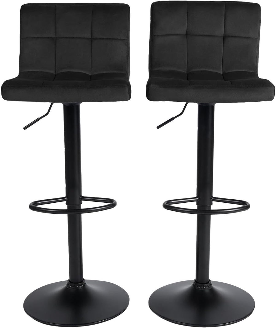 Set of 2 Adjustable Black Velvet Bar Stools with Swivel & Footrest