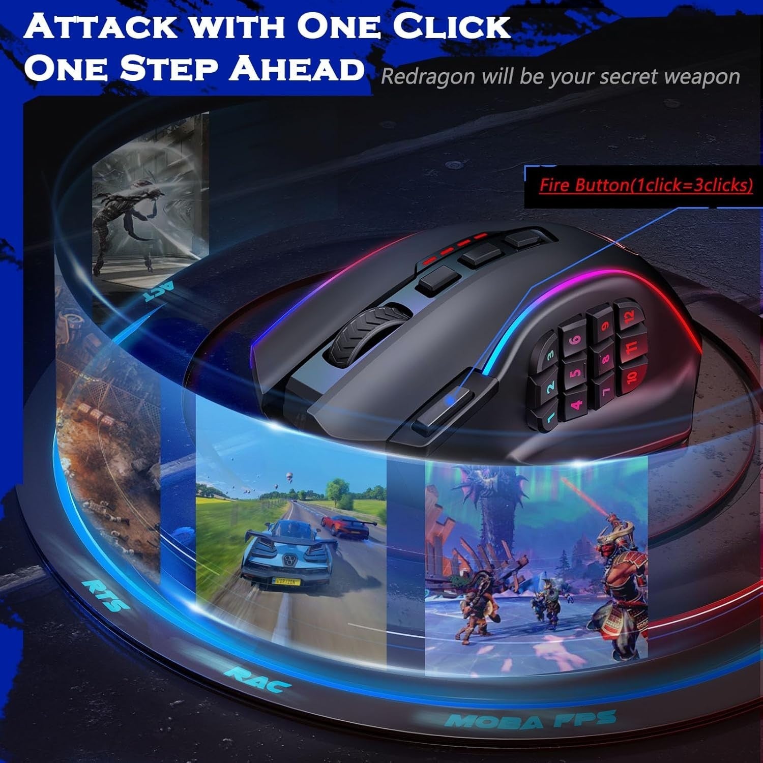 Wireless MMO Gaming Mouse 16000 DPI 16 Buttons RGB Rechargeable