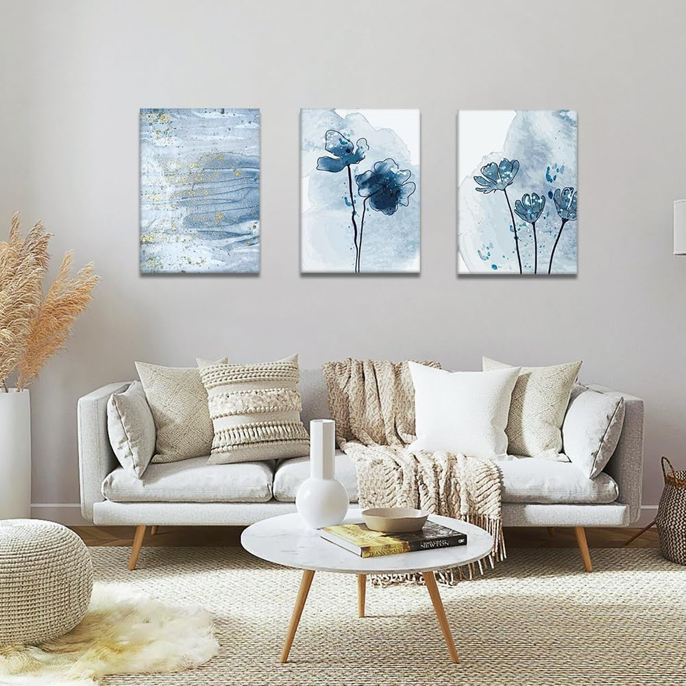 3 Piece Blue Gold Abstract Canvas Wall Art 30x40cm Framed Set