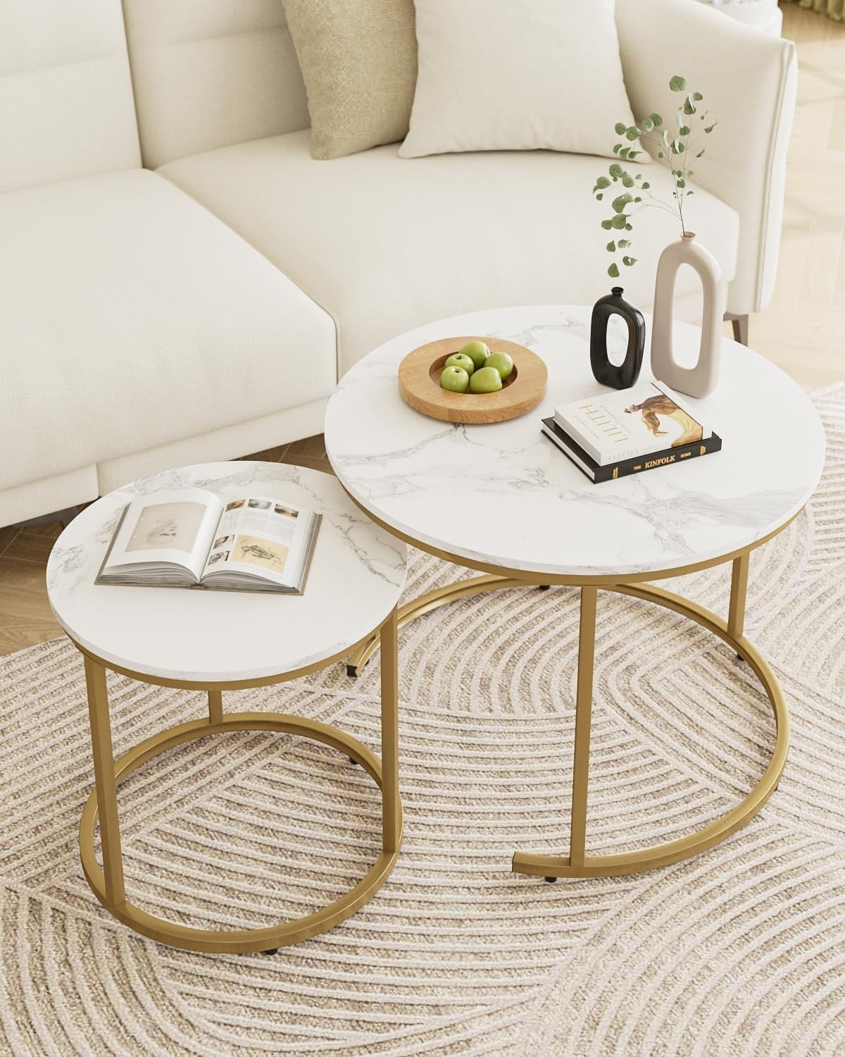 Round Nesting Coffee Tables Set of 2 – Grey Top Black Frame, Space- Gold