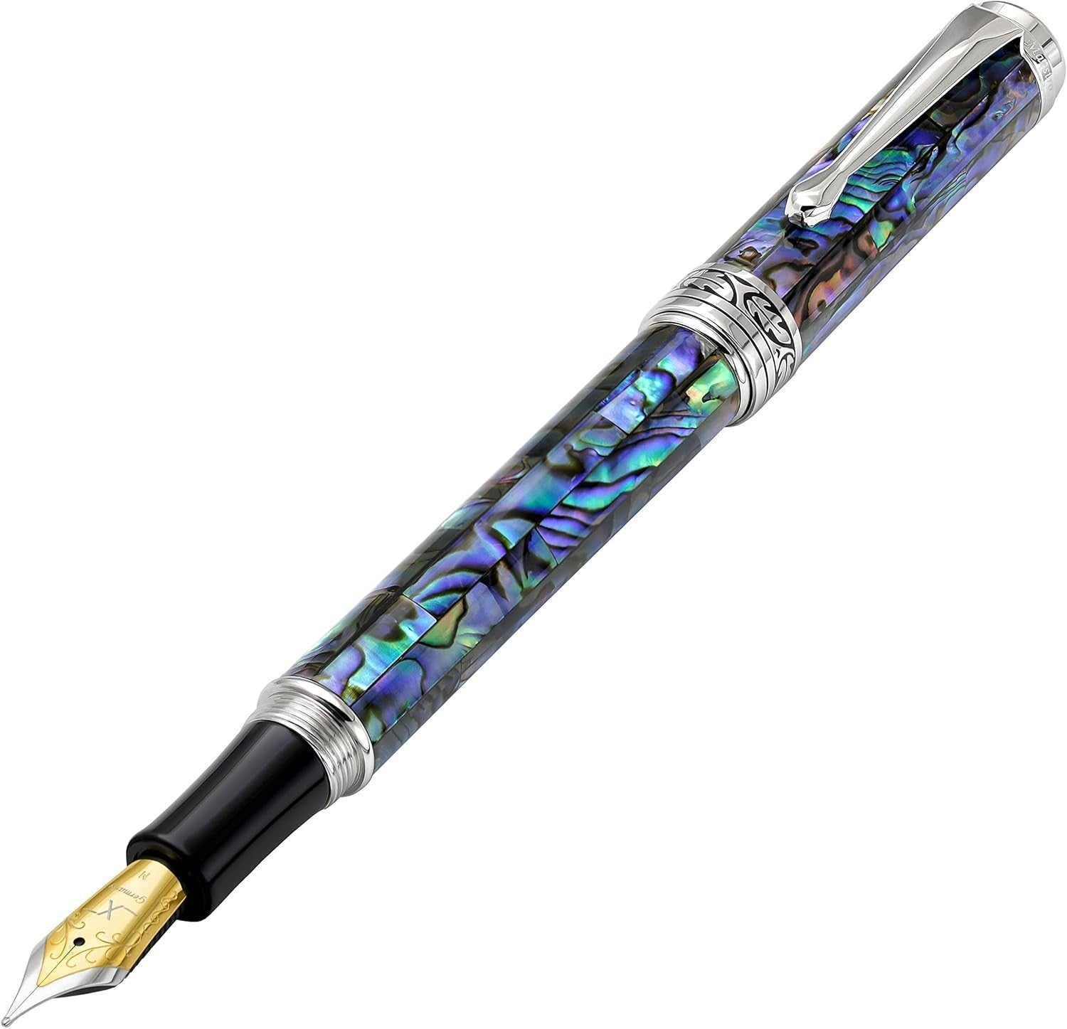 Luxury Natural Abalone Sea Shell Fountain Pen Medium Nib Platinum Blue Ink