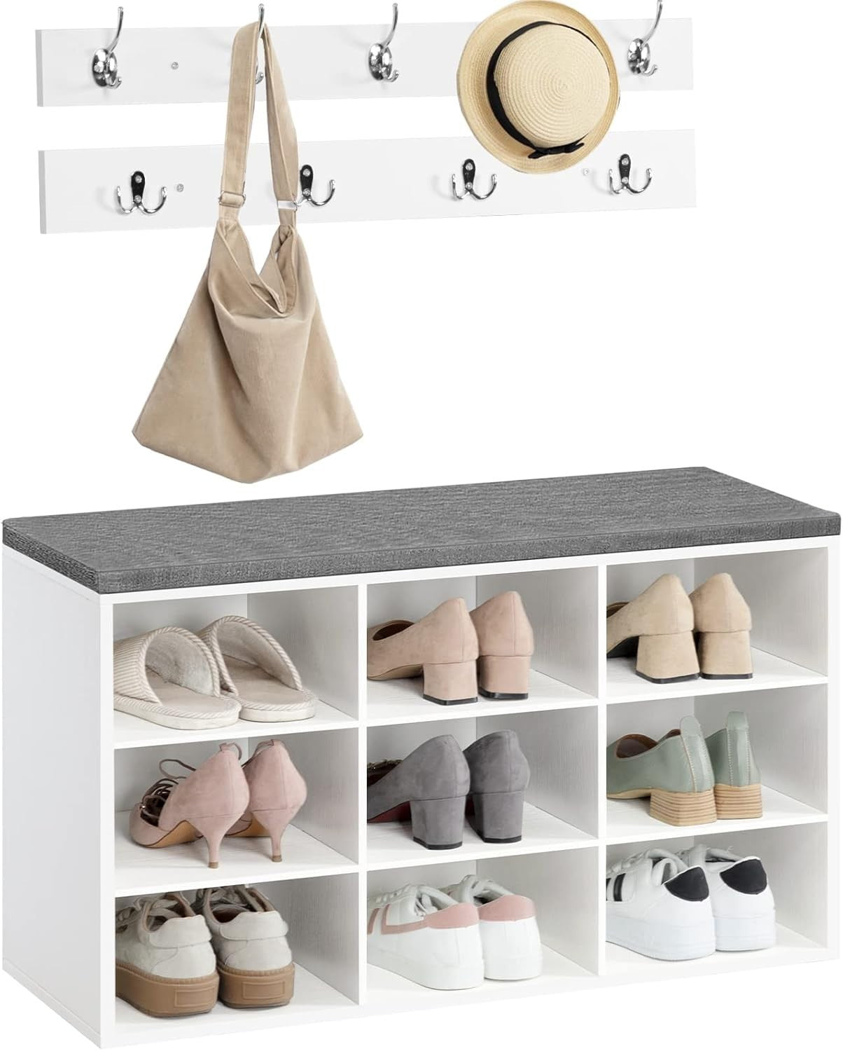 Shoe Storage Bench with Cushion & Hooks, 9 Cubbies, 80cm Hallway Unit