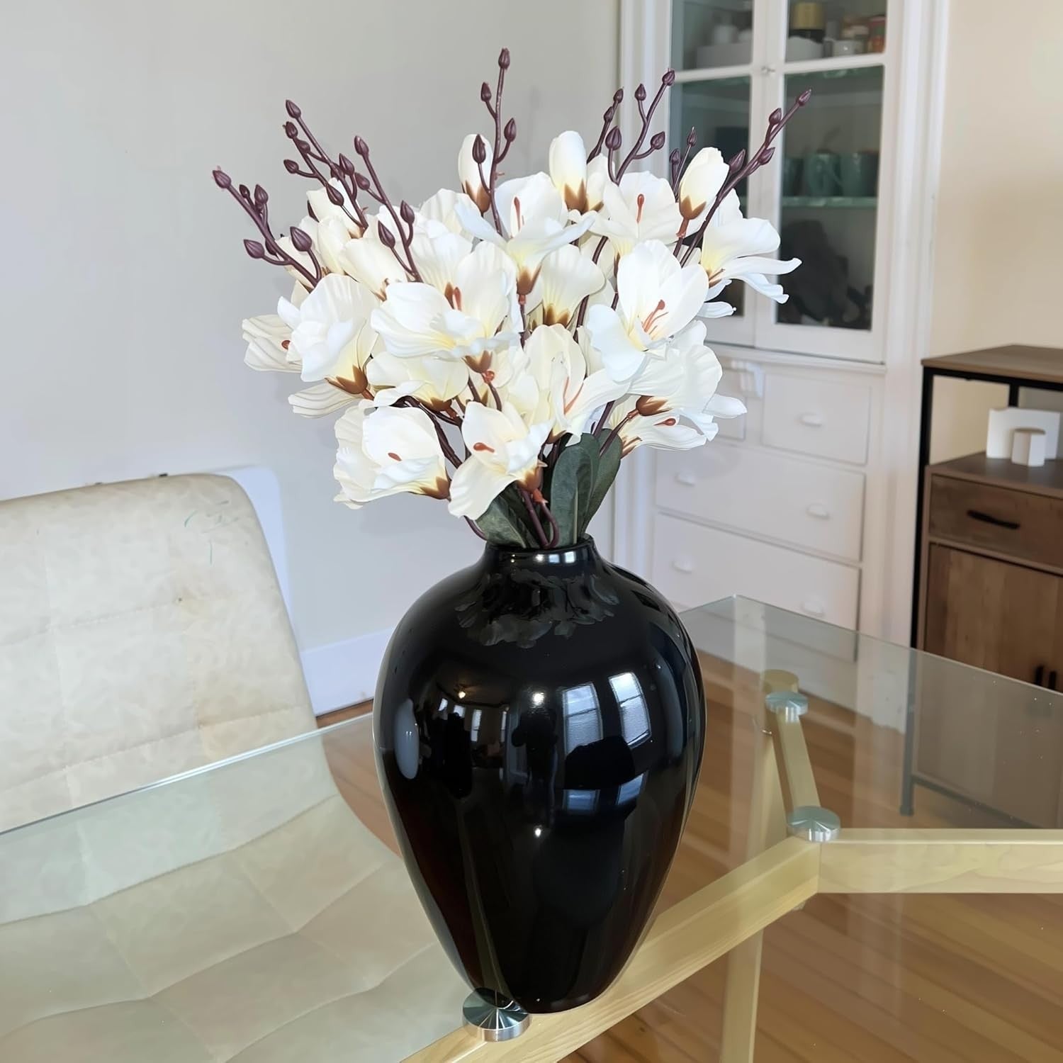 Black Ceramic Vase 25cm Glossy Porcelain Tall Flower Centerpiece Decor