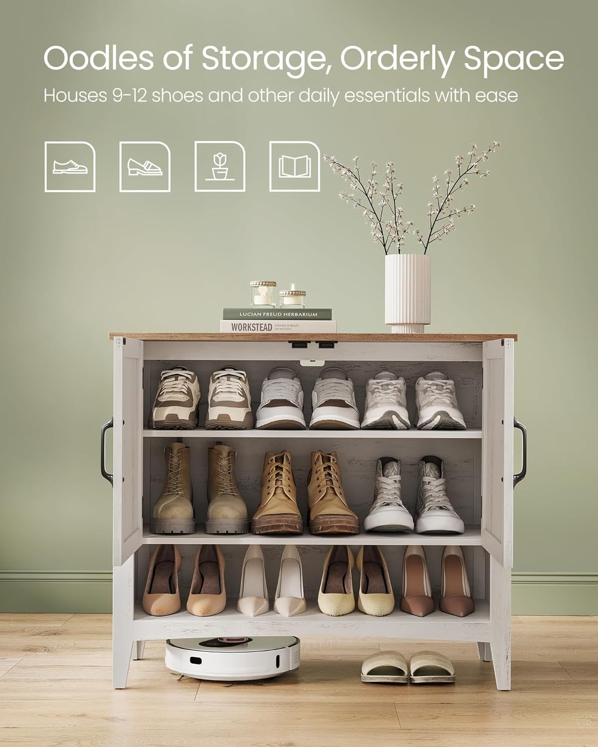 Rustic White 3-Tier Shoe Cabinet with Adjustable Shelf & Sturdy Legs 80x35x70.5c