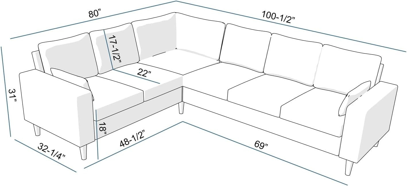 L Shape Grey Fabric Corner Sofa 6 Seater with Wood Legs Compact & Comfy