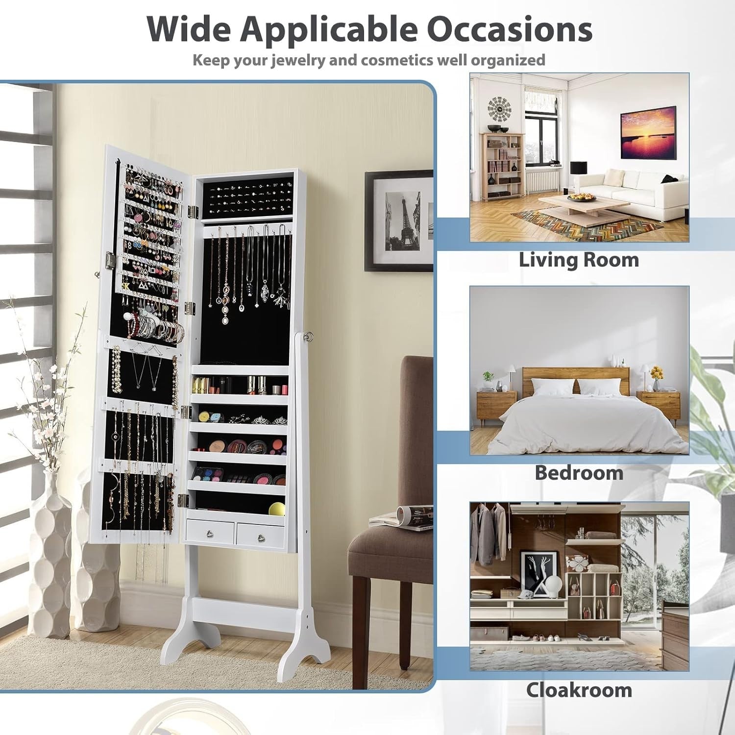 White Standing Jewelry Organizer Mirror Lockable Armoire Adjustable Angle