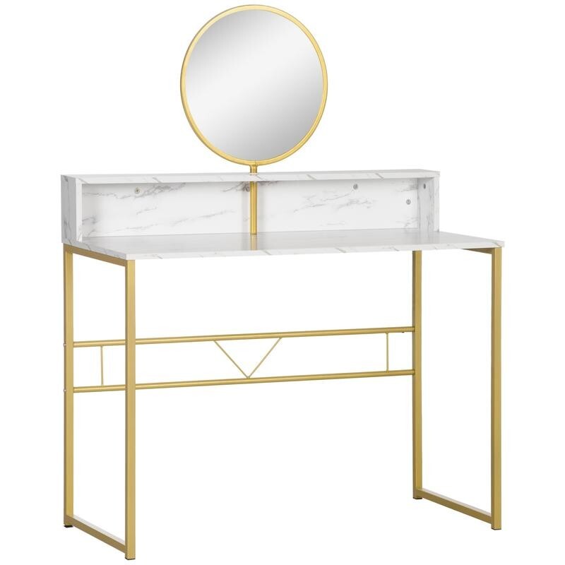 Modern White Vanity Desk w/ Mirror Marble Top Makeup Table Gold Legs