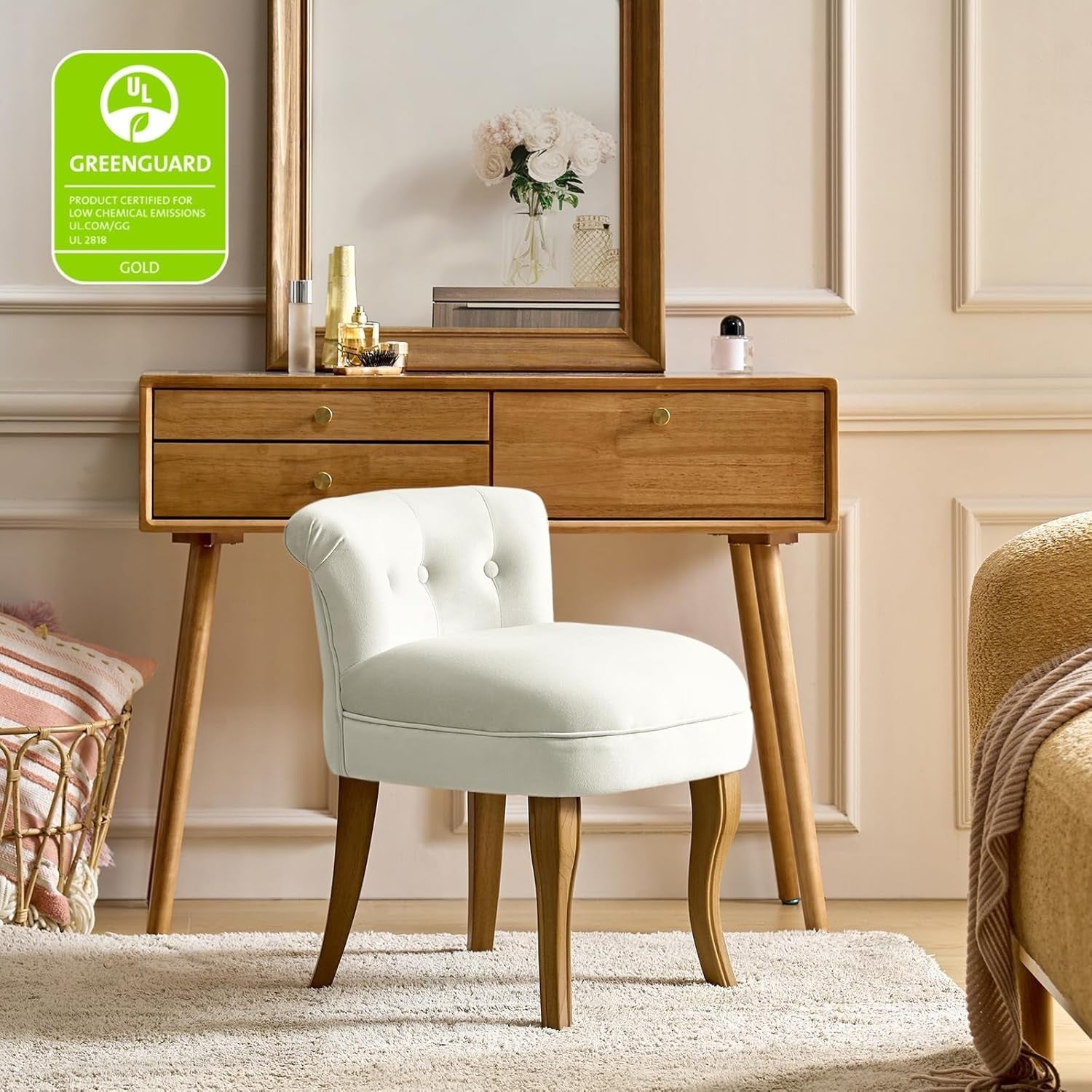Ivory Velvet Vanity Stool – Low Back Upholstered Makeup Chair with Wood Legs