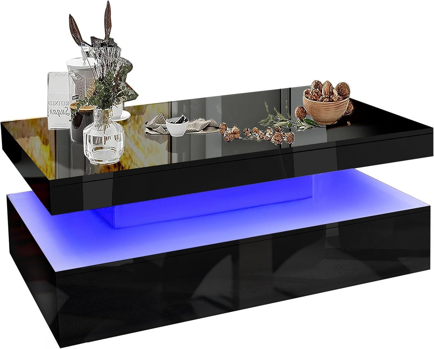 Black Gloss LED Coffee Table with Storage Drawers & Remote Lights | 94cm