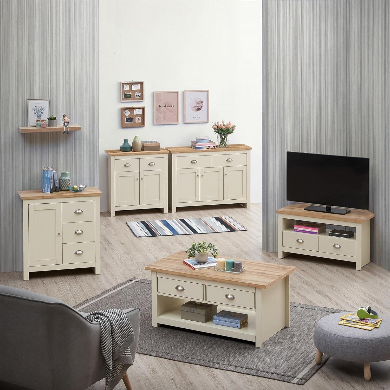 Compact Cream Oak Sideboard 2 Doors 2 Drawers Storage Cabinet Modern Wood
