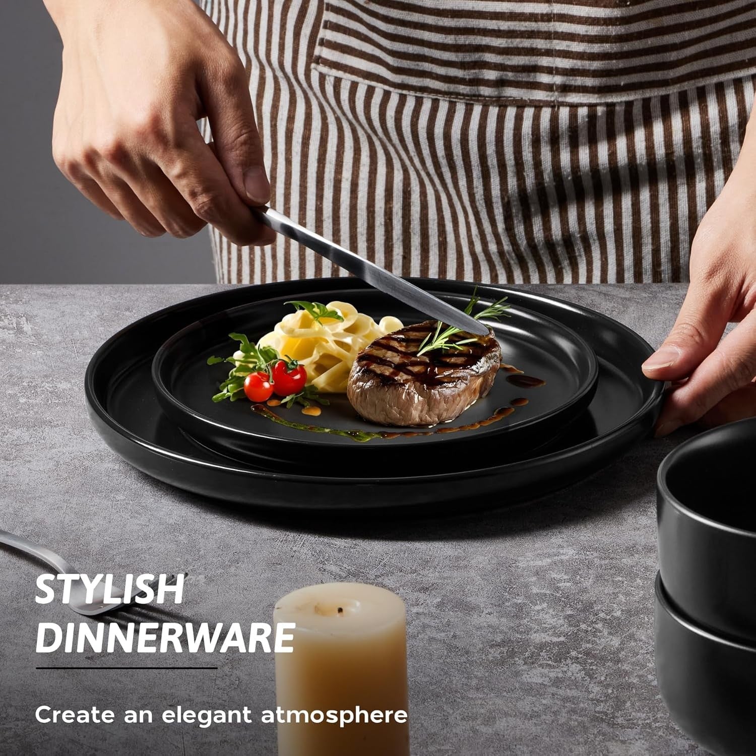 18pc Stoneware Dinner Set Matte Black Plates Bowls Microwave Safe