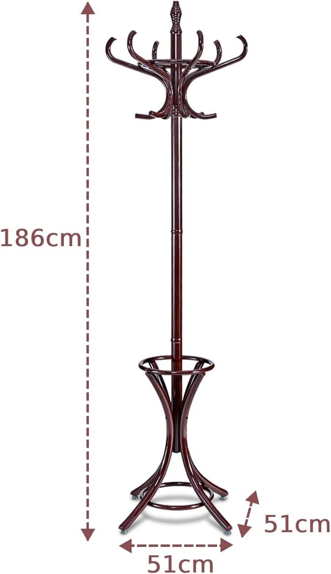 Mahogany Solid Wood Coat Rack with 12 Hooks & Umbrella Holder | Freestanding
