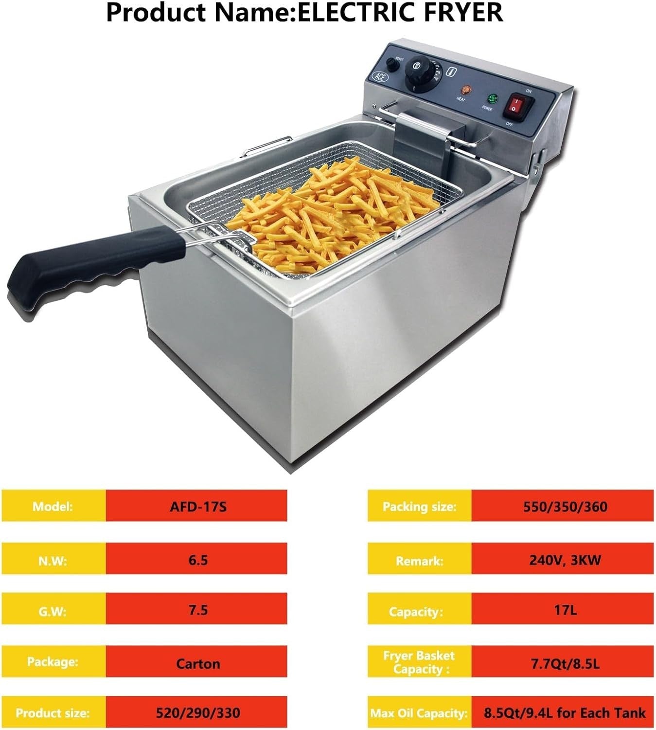 Commercial Electric Deep Fryer 17L 3000W Stainless Steel Countertop Fryer