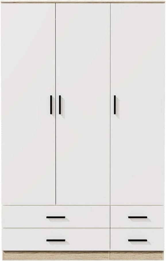 Oak & White 3 Door Wardrobe with 4 Drawers, Modern Bedroom Storage Unit