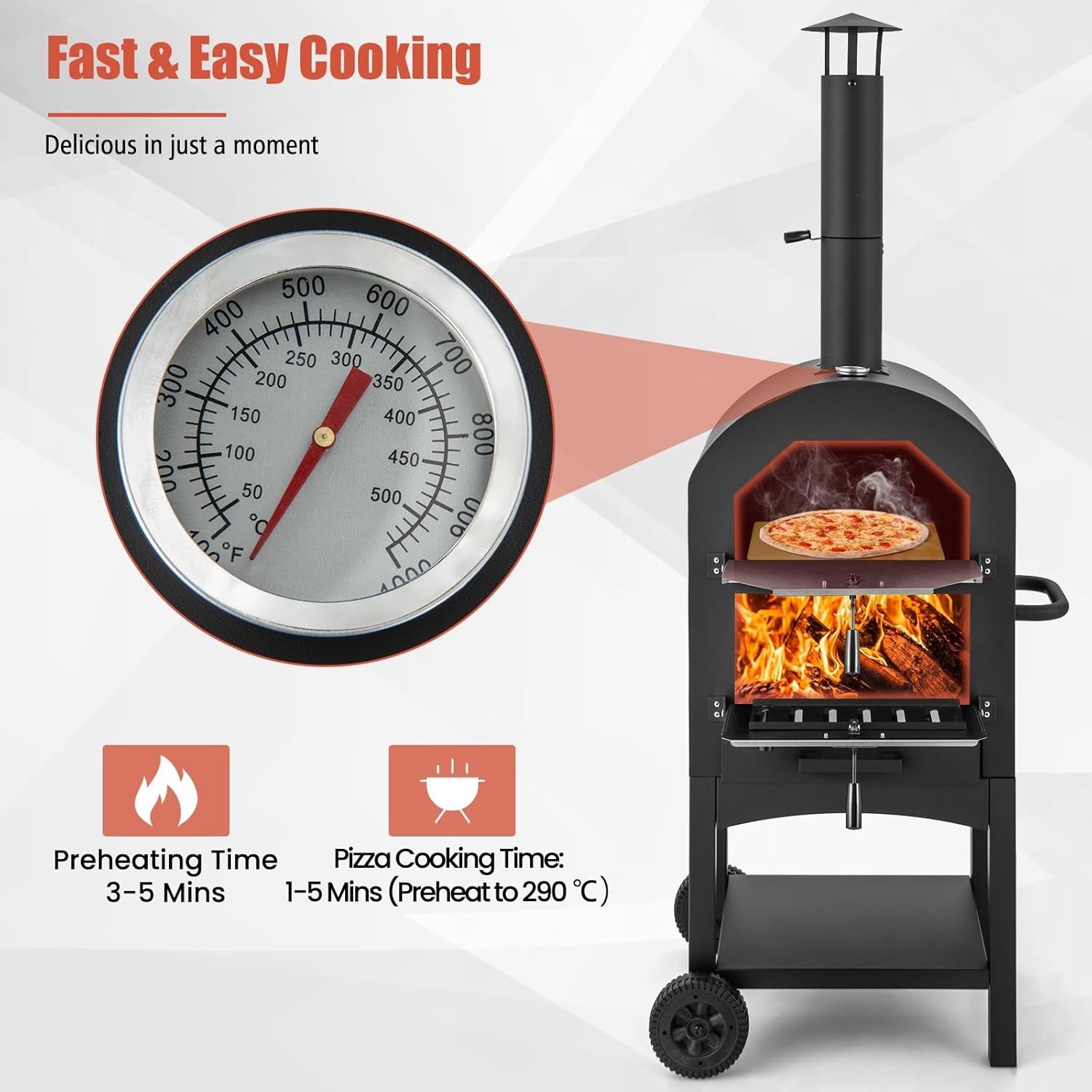 Outdoor Wood-Fired Pizza Oven | Patio BBQ Grill w/ Thermometer, Stone & Cover