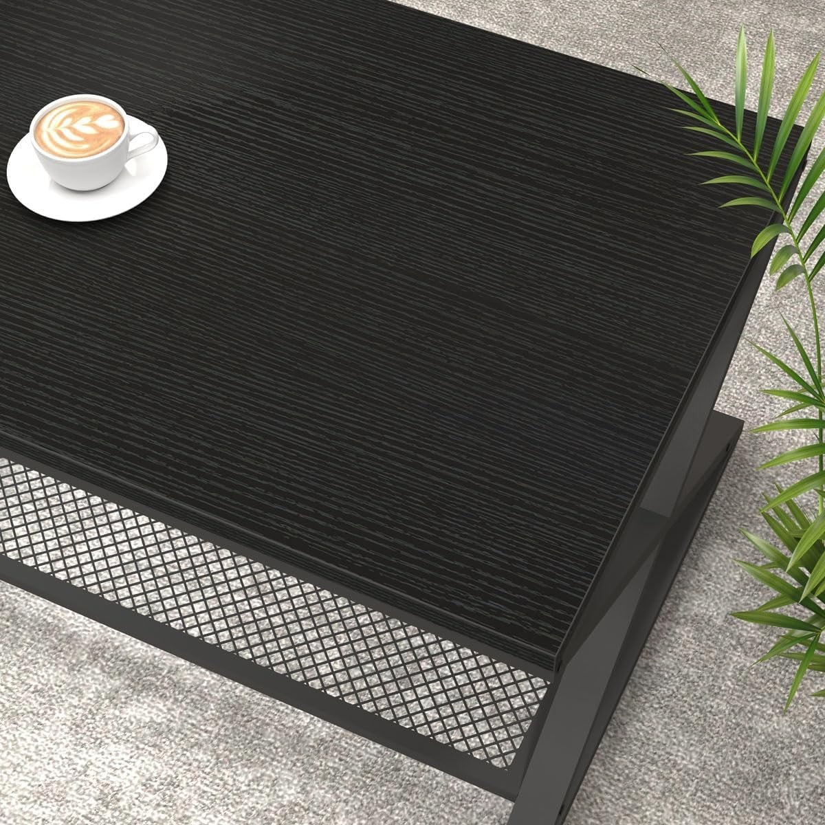 Modern Black Coffee Table with Shelf, 2-Tier Metal Frame, 100x60cm