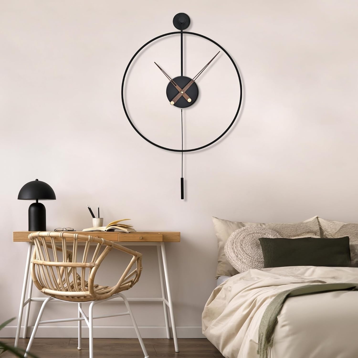 50cm Large Modern Black Metal Wall Clock Silent Pendulum Minimalist Round Decor