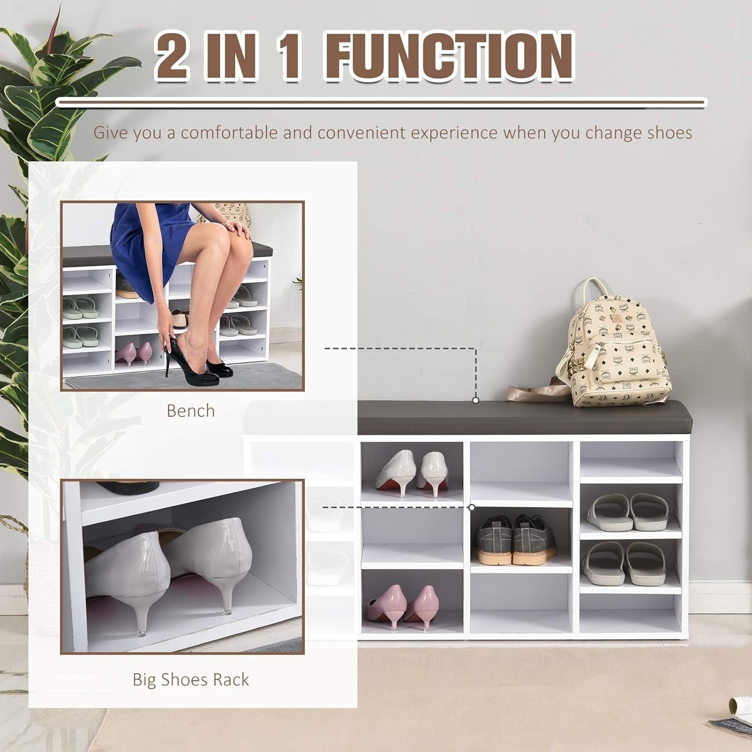 Multi-Storage Shoe Rack with Cushion & 14 Compartments, 103.5x30x48 cm White