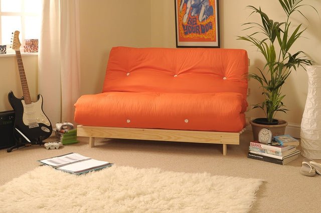 Orange Small Double Futon Bed Sofa – Wooden Frame, Quick Fold Design