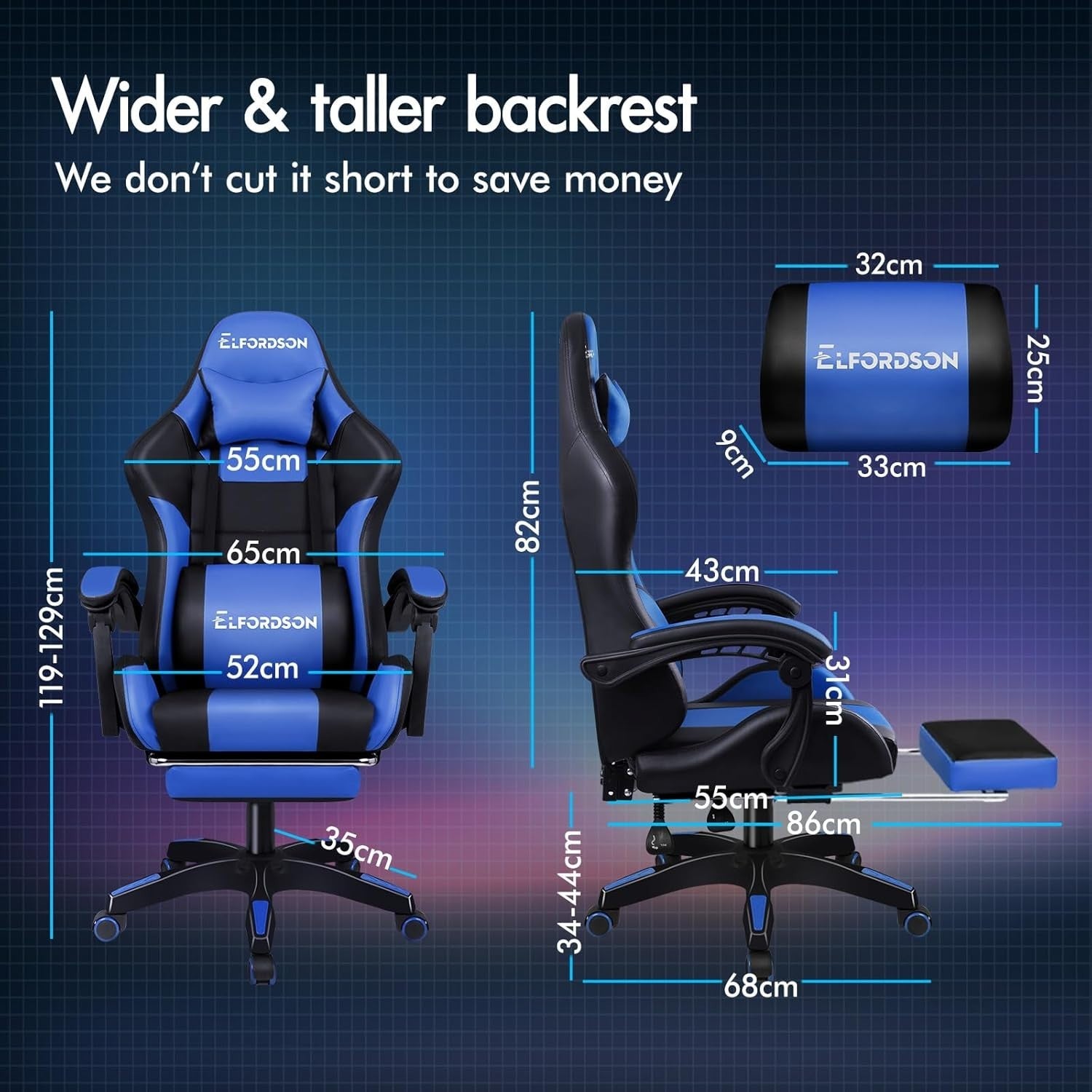 Gaming Chair Recliner Office Swivel Desk Chair Massage Lumbar Cushion Blue PU Le