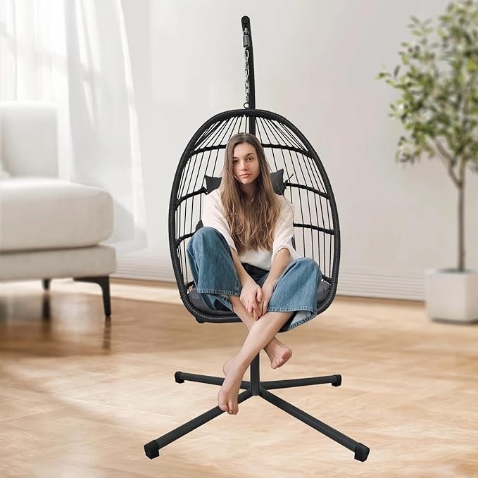 Foldable Rattan Egg Chair with Cushion Indoor Outdoor Hanging Swing Seat