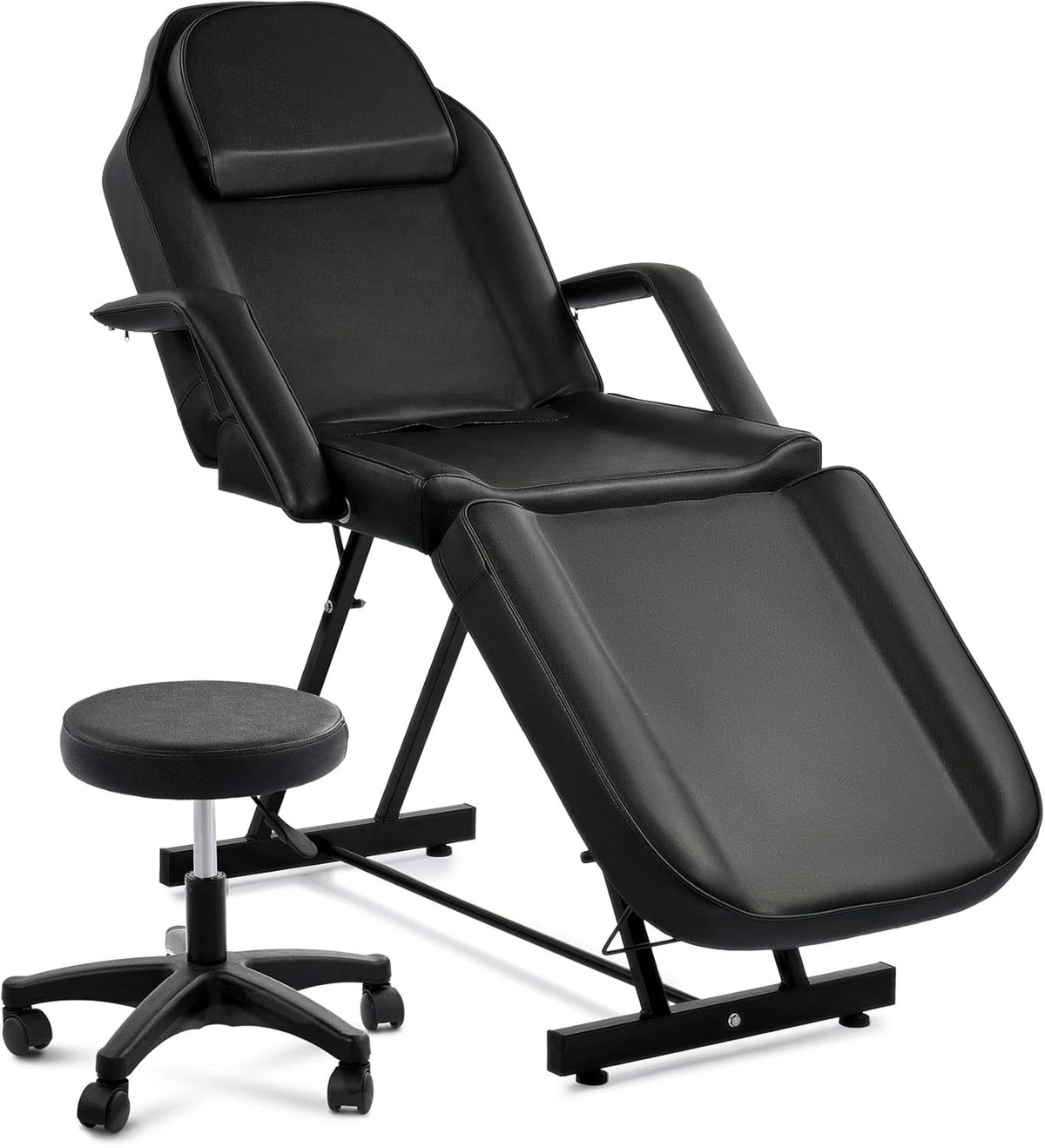 Adjustable 3-Section Beauty Massage Bed Steel Frame w/ Headrest Stool Black